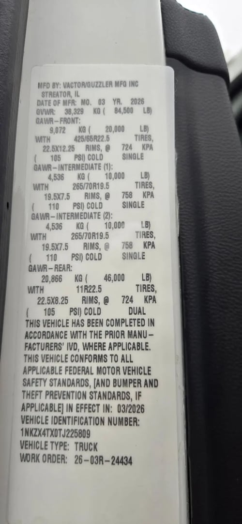 Kenworth and PACCAR VIN certification label on 2026 TRUVAC HXX hydro excavation truck