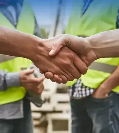 MacQueen team member shaking hands with a customer, representing trusted partnerships, expert support, and long-term service for environmental and emergency fleets.